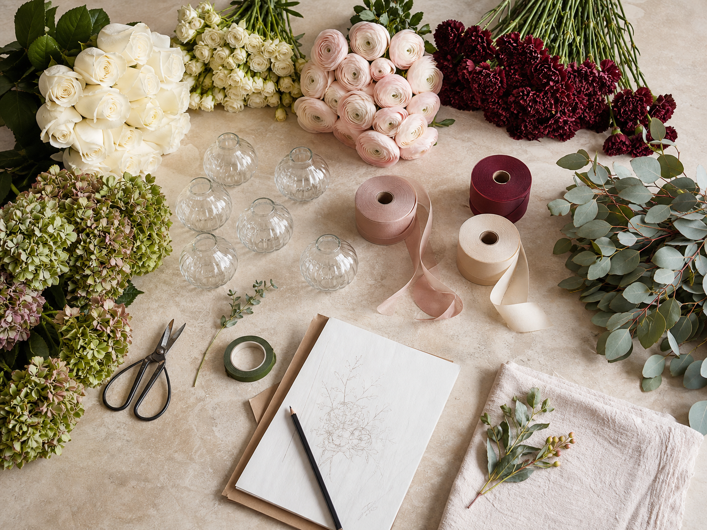 Wholesale floral order with premium flowers, vases, ribbons, and design supplies