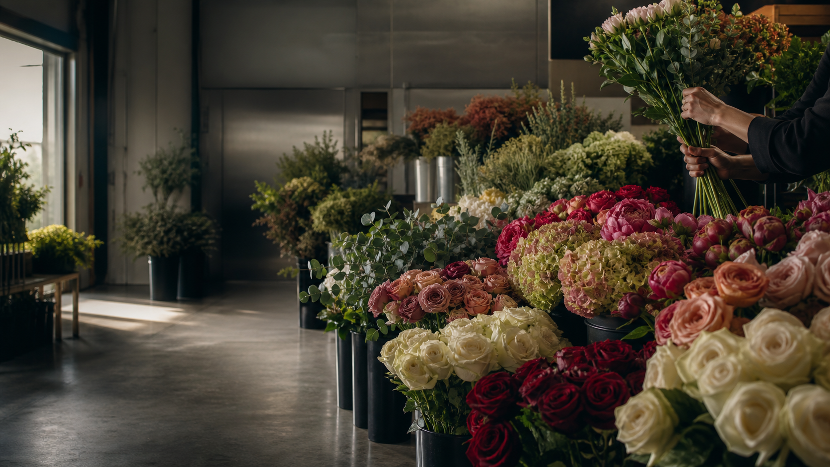 Fresh premium flowers arranged inside a wholesale floral workspace